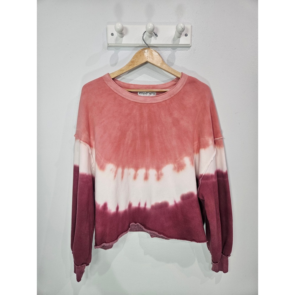 Wildfox Womens M Tie Dye Cropped Sweatshirt Pink Burgundy Raw Hem Pullover